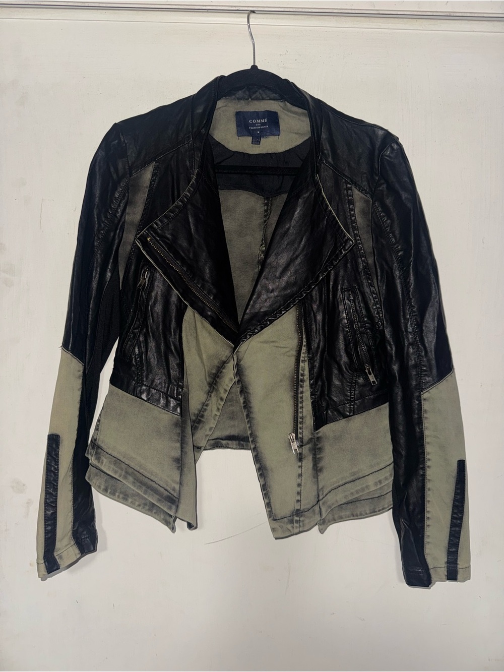 Comme des Garçons Two-Tone Black and Olive Leather Moto Jacket